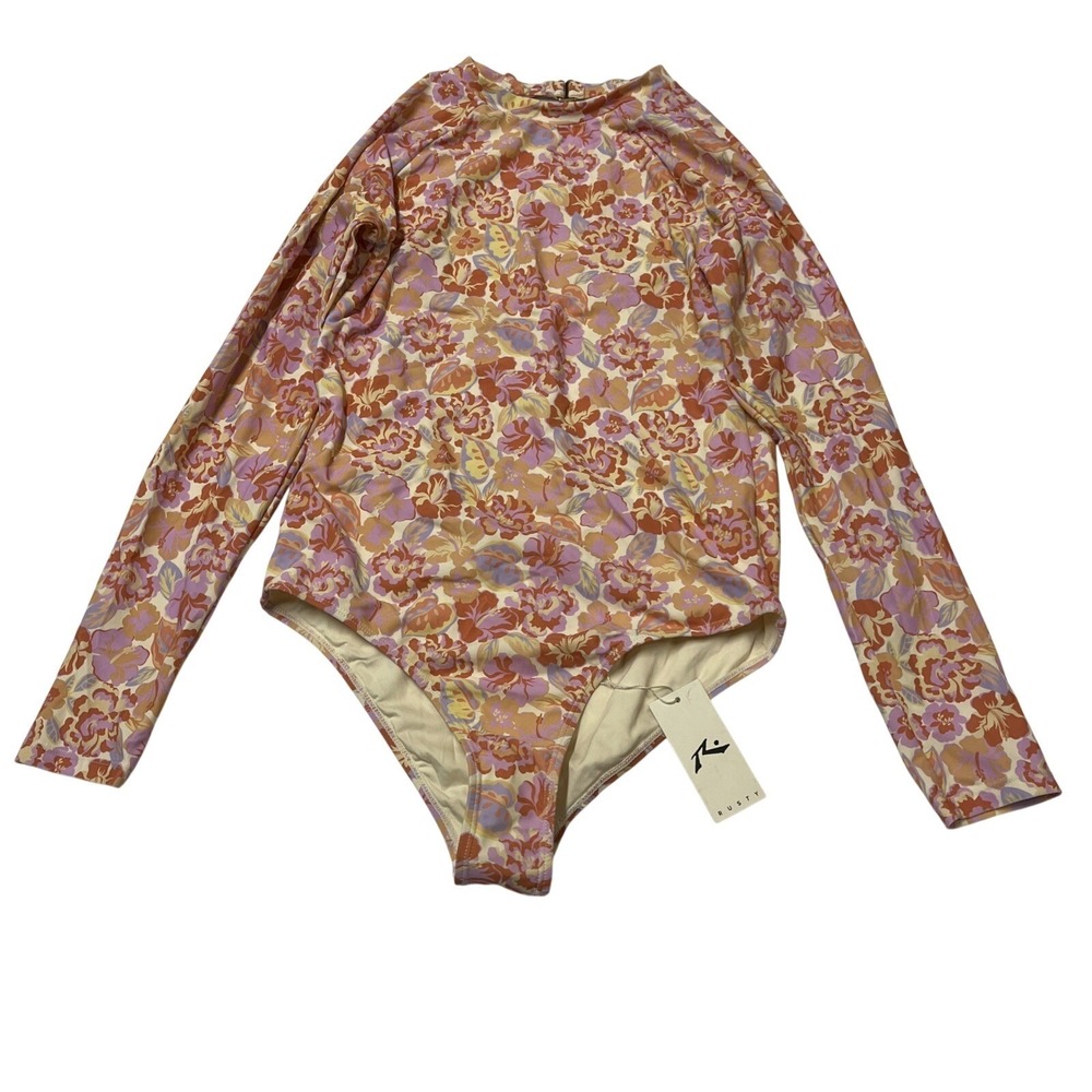Rusty Dusty Swimsuit Rash Gaurd One Piece Size L Pink Floral Long‎ Sleeve Resort